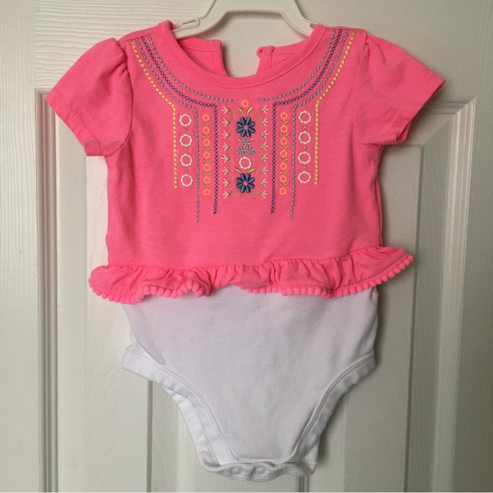 Pink and White Garanimals Onesie, Embroidered with Pom-Pom Trim